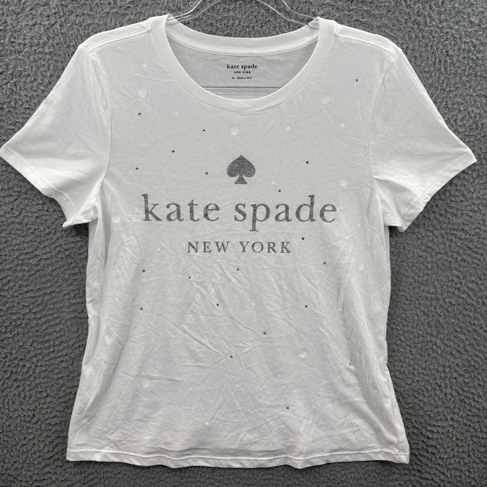 Kate Spade T-Shirt Women M White Glitter Logo Rhinestone Polka Dot Tee